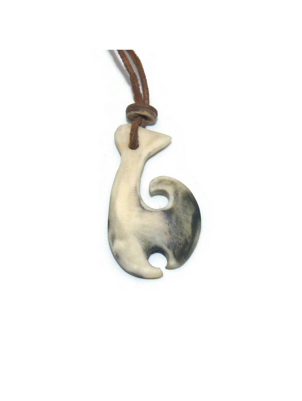 Vintage Artisan Carved Bone Pendant on Adjustable Brown Cord.